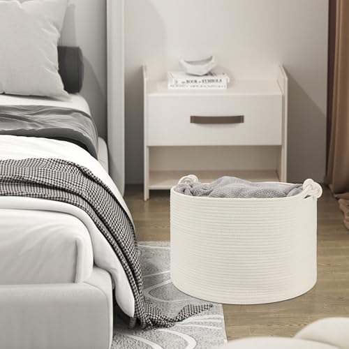 Large Blanket Basket (20"x13"), Woven Storage Basket for Dirty Clothes, Laundry, Living Room, Nursery, Bedroom - White - color: White