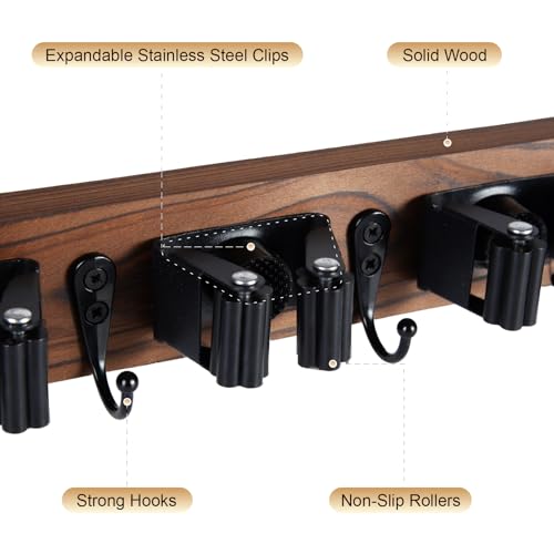 FunCee Broom Holder Wall Mount With 5 Slots & 4 Hooks，Rustic Wood Broom & Mop Hanger，Wall Mounted Garden & Garage Tool Storage Organizer Rack for Closet Laundry Room or Kitchen Wall Decor - color: Brown