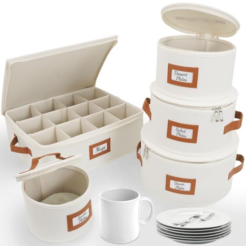HOMELUX THEORY Hard Shell China Storage Containers, 5pc Ivory Mug & Plate Storage Box, Kitchen Storage Bins With Lids, Heavy Duty Moving Box with Handles for Dishes, Glassware, Stemware, Cup & Mug - color: Ivory, size: 3. Plates & Mug Set - 5 Piece