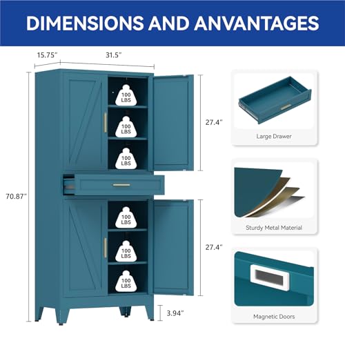 COFaR 71 in Tall Kitchen Pantry Cabinet with Drawer, Metal Pantry Storage Cabinet with 4 Adjustable Shelves and 4 Barn Doors, Freestanding Farmhouse Food Cupboard for Dining Room, Peacock Blue 6-Tier - color: Peacock Blue, size: 71 Tall 4 Doors 1 Drawer-F
