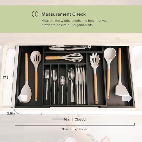 KitchenEdge Premium Silverware, Flatware and Utensil Organizer for Kitchen Drawers, Food-Safe Contract Grade, Expandable from 16 to 28 In, Black Bamboo - color: Black Bamboo, size: From 16" to 28" wide