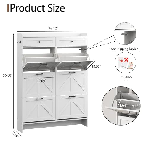 Shoe Cabinet with 6 Flip Drawers & 2 Top Drawers, 57" Tall Freestanding Narrow Wooden Shoe Storage Organizer for Entryway, Hidden Slim Shoe Rack for Front Door Entrance, Hallway, Living Room, White - color: White, size: 6 Flip Drawers