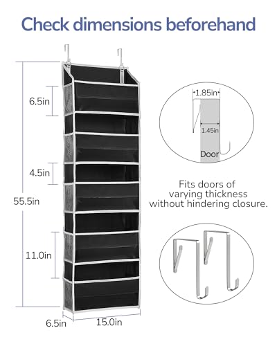 ULG 1 Pack Over The Door Organizer – 5 Shelf Door Organizer Hanging & 10 Side Pockets, Reinforced 44LB Capacity Hanging Organizer, Behind The Door Storage for Bedroom, Nursery, Pantry (Black) - color: Black, size: 1 Pack-5 Tier
