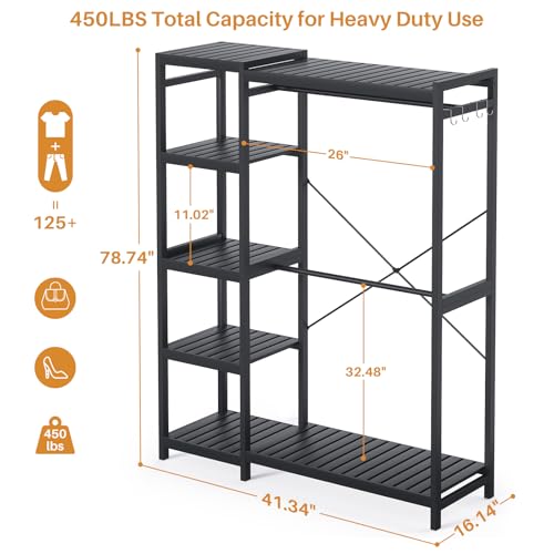 Homykic Bamboo Clothes Rack Garment Rack for Hanging Clothes, Heavy Duty Clothing Rack with 7 Tiers Adjustable Shelves, Double Rods, 4 Hooks, Freestanding Closet System Organizer Wardrobe, Black - color: Black, size: II Medium