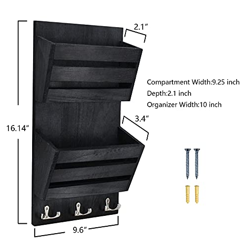 Unistyle Rustic Mail Organizer Wall Mount with 4 Key Hooks,Mail Holder Wall Mounted，Hanging Mail Organizer,Letter Holder for Wall,Key Hanger for Letter, Magazines, Keys, Dog Leashes - color: Black