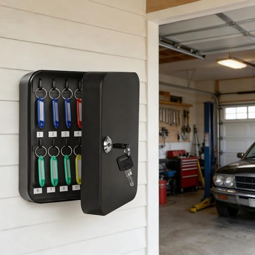KYODOLED Key Cabinet Wall Mount, Locking Key Box Organizer, Key Lock Box with Key, Key Holder Lock Box for Wall, 20 Key Hooks & Tags Key Lab,7.8"x6.3"x3.14" Black - color: Black With Key Lock