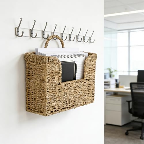 Woven Hanging Basket for Wall, Magazine and Mail Organizer Holder with Sturdy Frame,Seagrass Magazines Baskets Also Stands on Tabletop, Wall Mount Storage Rack for Home Office - color: Sea Grass