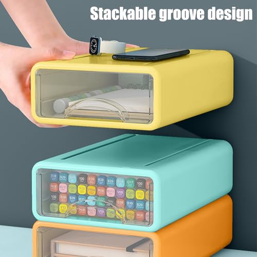 Desk Organizer with Drawers, Stackable Storage Drawers with Compartments Desktop Organization for Office Supplies, Makeup, Pencils, Tape, Erasers, Paperclips, Chargers (4 Pack) - color: Orange+Green+Yellow+Grey