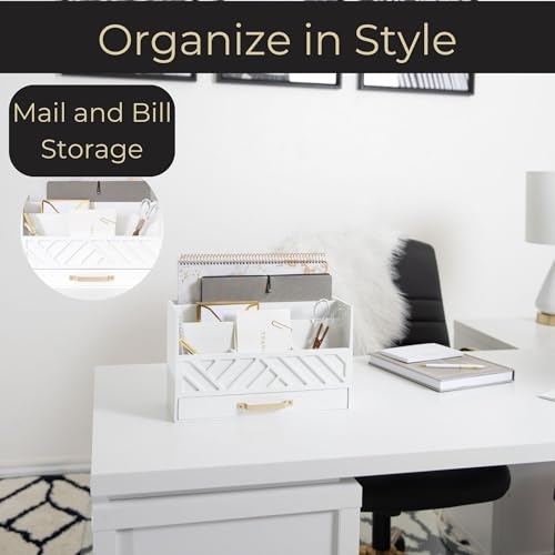 BLU MONACO | White Wooden Mail Organizer with Drawer & Gold Handle | Mail Sorter Organizer Countertop | Tabletop Organizer with Drawers & Outgoing Mail Holder - color: White with Gold Handle