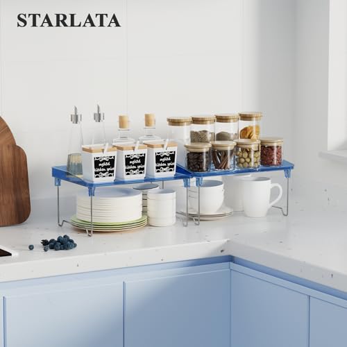 STARLATTA Acrylic Cabinet Organizer Shelf,4 Pcs Stackable Kitchen Counter Shelves,Spice Rack,Countertop Organizers,Clear Plastic Storage Organization for Makeup, Bathroom,Cupboard,Desk,Pantry - color: blue, size: 2 pack