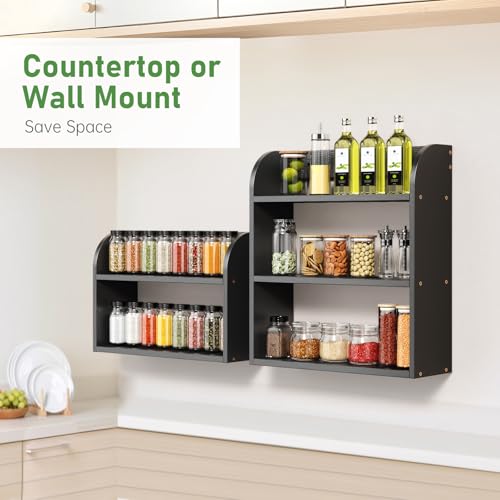 ROMGUAR CRAFT 3 Tier Bamboo Spice Rack, Countertop or Wall Mounting Wood Spice Jars Organizer Shelf for Kitche, Pantry (Black) - color: Black, size: 3 Tier