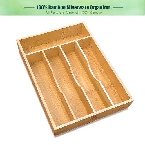 guiogc Bamboo Kitchen Drawer Silverware Organizer, 9 Inch Silverware Utensils Tray Holder for Small Drawer, Cutlery Tray, Wood Caddy for Flatware Cutlery Knives 5-Slots - size: 9" Wx13"d (5-slots)