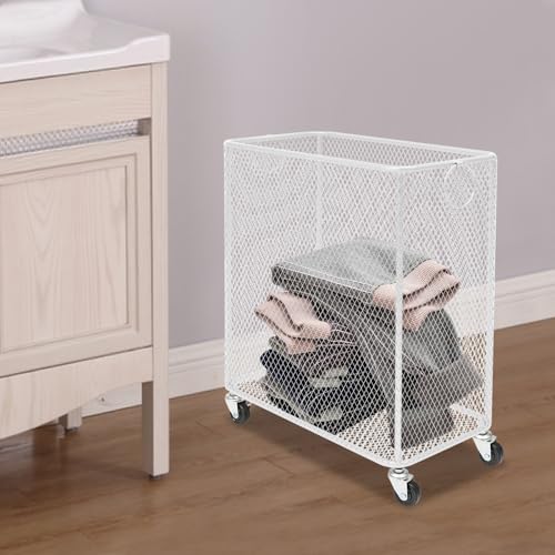 White Metal Laundry Basket with Wheels, Rolling Laundry Hamper Cart Mesh Laundry Storage Cart Organizer Clothes Sorter Shelf Basket Durable for Laundry Room - color: White