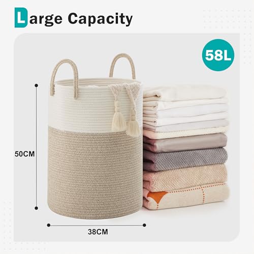 Cotton Rope Laundry Basket by YOUDENOVA, 58L Woven Collapsible Laundry Hamper, Clothes Hamper with Reinforced Handles in the Laundry Room, Bedroom, Bathroom, Brown - color: Brown, size: 58L