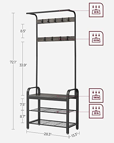 VASAGLE Coat Rack, Hall Tree with Shoe Bench for Entryway, Entryway Bench with Coat Rack, 4-in-1, with 9 Removable Hooks, a Hanging Rod, 13.3 x 28.3 x 72.1 Inches, Charcoal Gray and Black UHSR040B04 - color: Charcoal Gray + Black, size: 28.3"W