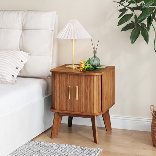 Fluted Nightstand with Sliding Tambour Doors, Curved Edge Wood Bedside Table for Bedroom, Side Tables with Storage for Living Room (1, Square - Walnut) - color: Square - Walnut