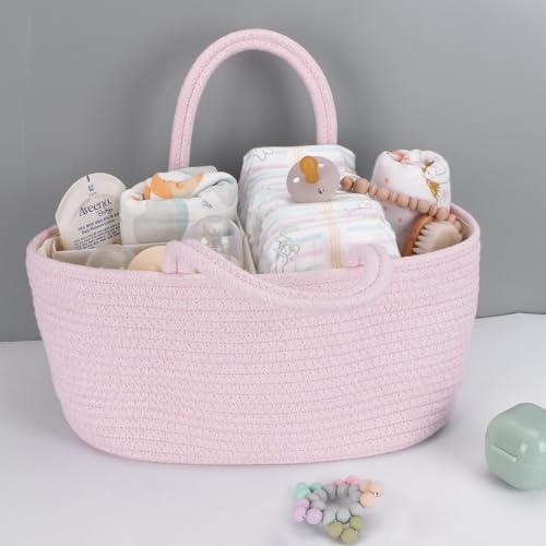 Baby Diaper Caddy Organizer for Girl Boy Rope Nursery Storage Bin Basket Portable Holder Tote Bag for Changing Table Car Travel Baby Shower Gifts Newborn Essentials Registry Must Have Items Pink - color: Light pink, size: Regular