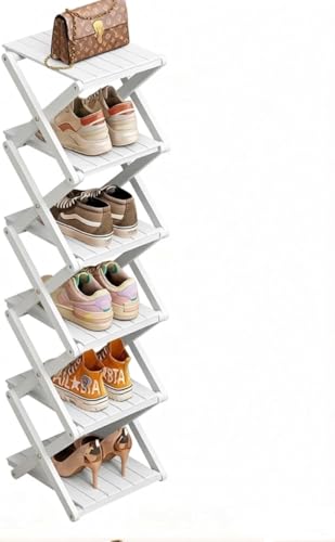 Bamboo Shoe Rack - No Assembly Required, Tall Narrow Foldable Shoe Organizer, Space-Saving Multifunctional Shelf for Entryways, Corners, Bedrooms, Balconies, 6 Layer Brown (Reinforced And Thickened ) - color: White, size: 6 Layers