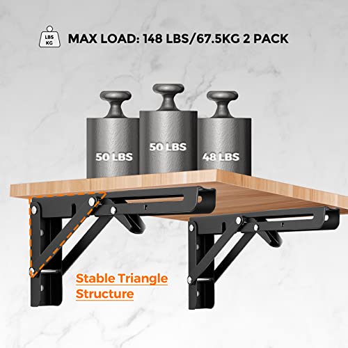 Ravinte 2 Pack 10 Inch Folding Shelf Brackets – Matte Black, Heavy Duty Collapsible Brackets for Tables and Benches – Space-Saving Design - size: 10 Inch