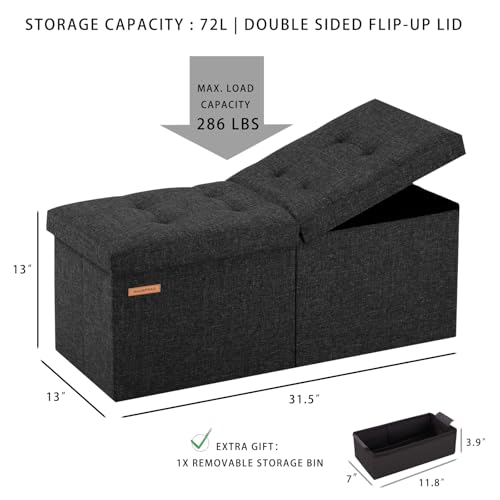 HAUSFRAU 31.5 Inches Ottoman with Storage Bench, Folding Ottoman Bench Small Foot Rest Stool, Bedroom Bench with Flipping Lid, Linen Avocado - color: Avocado, size: 13"D x 31.5"W x 13"H