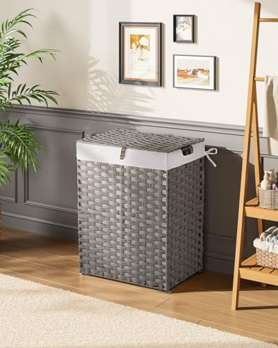 Greenstell Laundry Hamper with 2 Removable Liner Bags - 90L Divided Clothes Hamper, Handwoven Synthetic Rattan Foldable Laundry Basket with Lid and Handles Gray (18.3x13.3x24.0Inches) - color: Gray, size: 90L (18.3x13.3x24.0 Inches)