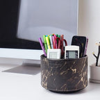 Round Leather Art Supply Organizer,Remote Control Holder,360-degree Rotating Pen Organizer with 4 Compartments(1-Marble Black Gold) - color: 1-Marble Black Gold