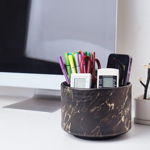 Round Leather Art Supply Organizer,Remote Control Holder,360-degree Rotating Pen Organizer with 4 Compartments(1-Marble Black Gold) - color: 1-Marble Black Gold