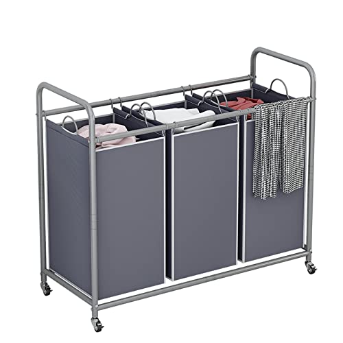 LINZINAR 3-Bag Laundry Sorter,Laundry Hamper Cart with Heavy Duty Rolling Lockable Wheels and Removable Bags (Grey) - size: 3 Bags Grey