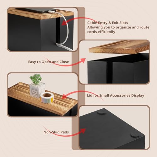 Large Wood Cable Management Box - Cable Organizer Box - 2 Open Slots Cords Hider Box - Under Desk Cord Organizer for Power Strip Extension Cord Surge Protector Charger Wire, Black - color: Black, size: Large