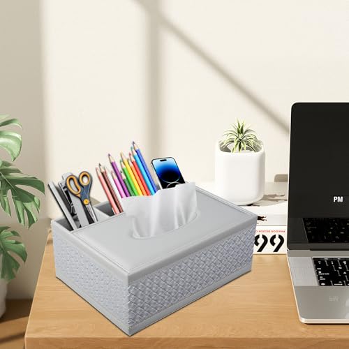 Tissue Box Cover Rectangle White Kleenex Box Holder PU Leather Facial Tissue Organizer,Multifunctional Remote Control Stationery Storage Box,Home Office Supplies Car Napkin Caddy - color: Multifunctional Tissue Box-white Weave