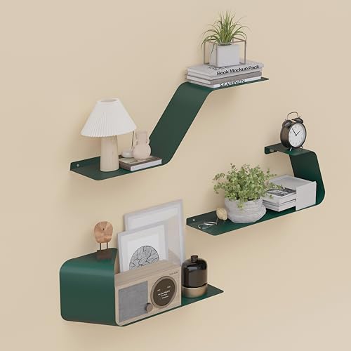 Floating Shelves, Wall Shelf, Set of 3 Mounted Metal Shelves with Unique Design for Wall Storage, Book Shelf, Display Shelves for Bathroom Bedroom Kitchen Living Room for Home Green - color: Green