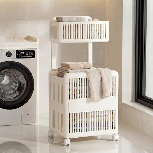 Leinuosen Foldable 2-tier Plastic Laundry Basket with Wheels and Handle 43.8 L Double Collapsible Laundry Hamper Multi-function Portable 2 Section Sorter for Bathroom Dorm Bathroom Storage