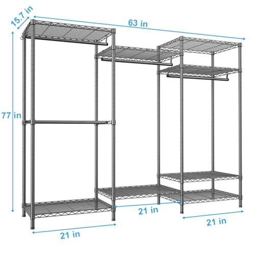 Ulif E13 Heavy Duty Clothes Rack（With 4 Hanger Rods & 8 Shelves） Freestanding Clothing Racks for Hanging Clothes，Adjustable Closet Organizer，Metal Garment Rack 63" W x16 D x77 H，Max Load 900LBS，Grey - color: Grey, size: E13