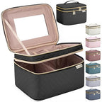 HXLGMD Large Makeup Bag with Mirror Double Layer Travel Make Up Organizer Case, Large Capacity Coemetic Bag with Brush Slot Divider - color: Black
