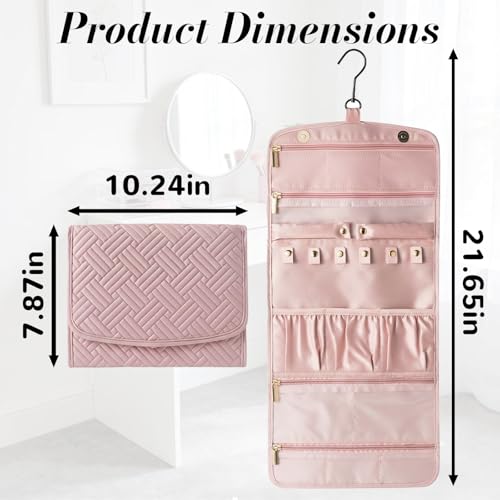 Jewelry Organizer with Hanger,Hanging Jewelry Organizer, Portable Travel Jewelry Bag,Foldable Storage for Earrings, Rings, and Watches; Can Be Hung on Wardrobes, Walls, or Doors, Pink - color: Pink