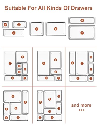 SMARTAKE 20-Piece Drawer Organizer with Non-Slip Silicone Pads, 7-Size Desk Drawer Organizer Trays Storage Tray for Makeup, Jewelries, Utensils in Bedroom Dresser, Office and Kitchen (Clear) - size: 20 PCS