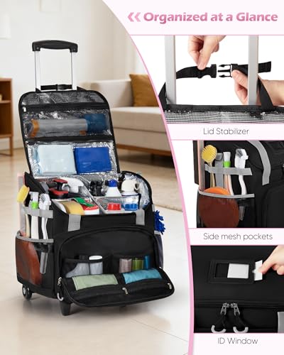 Marscamd Large Rolling Cleaning Caddy Bag with Detachable Trolley, Cleaning Supplies Organizer with Wheels for Housekeepers, Black - color: Black