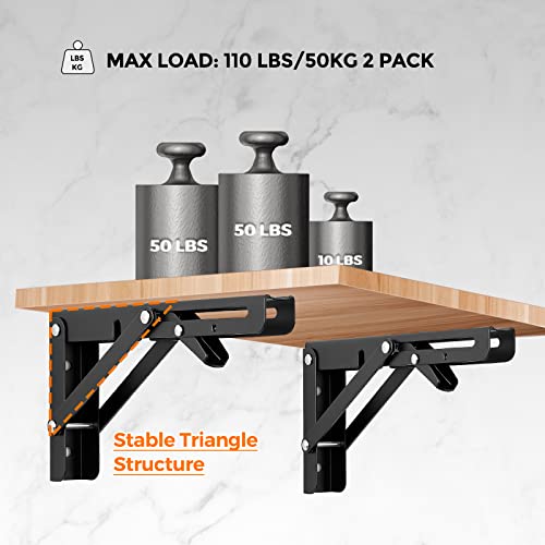 Ravinte 2 Pack 8 Inch Folding Shelf Brackets – Matte Black, Heavy Duty Collapsible Brackets for Tables and Benches – Space-Saving Design - size: 8 Inch