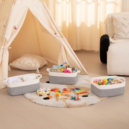 OIAHOMY 3 Pack Storage Baskets for Organizing, Woven Cotton Rope Basket for Shelves, Closet Organizer Bins with Handles, Rectangle Toy Organization, 13.78''×9.84''×5.5'', Grey & White - color: Grey variegated, size: 13.8''×9.8''×5.5''