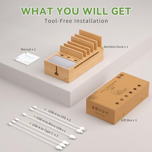 Pezin & Hulin Bamboo Charging Stand Rack, Wooden Charge Box for Mobile Phones, Tablets, Smart Watch and Earbuds, Wire Cable Organizer Box, Bedside Dock Stand Holder (NO Power Adapter Supply) -Natural - color: Natural (No Charger)