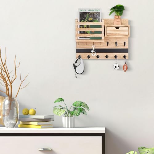 Nekon Key Holder Wall Mount, Rustic Mail and Keys Shelf for Wall Organization with 13 Hooks, Home Decor Accessory with Drawer, Wood - color: Wood