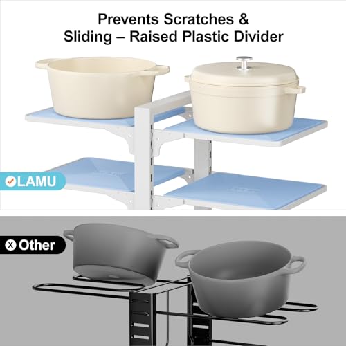 LAMU Pots and Pans Organizer under Cabinet, 8 Tier Heavy Duty Pan Organizers inside Cabinet, Adjustable Pot Rack for Small Kitchen Storage, 15" Height Holds Cast Iron Pans and Skillets White - color: White