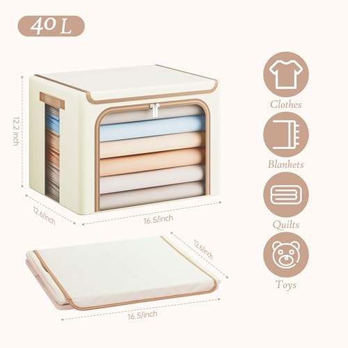 Yecaye Clothes Storage Bins with Metal Frame, Foldable Clothing Storage Bin with Lid, Stackable Oxford Fabric Organizer Box With Clear Window & Zippers & PU Leather Handles (3 Pack,Beige,40L) - color: Beige, size: Medium(3 Pack)