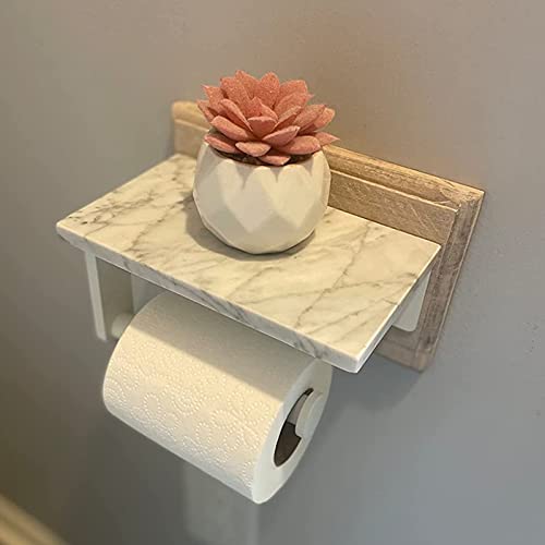 Gypie Toilet Paper Holder with Natural Marble Shelf, 304 Stainless Steel Screw Wall Mounted, Tissue Roll Paper Holder Dispenser for Bathroom Washroom White - color: White, size: 1 Roll