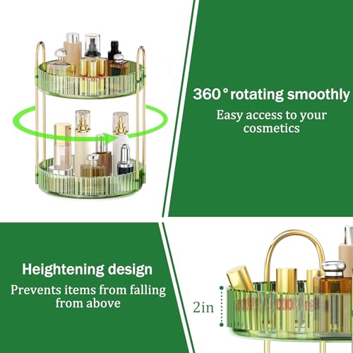 MOKANI 360 Rotating Makeup Organizer for Vanity, 2 Tier Adjustable Perfume Organizer for Dresser, Multi-Function Spinning Cosmetics Skincare Storage for Bedroom, Dresser, Countertop, Green - color: A-Green, size: 2 Tier