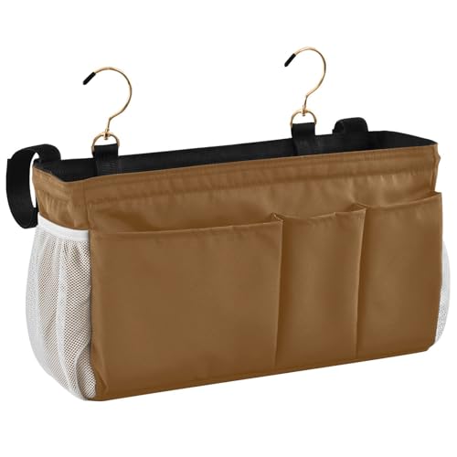 Brown Bedside Caddy Storage Bag Bedside Organizer for Bunk Bed Headboards College Organizer Caddy Hanging Shelf 6 Pockets with Hooks for Drinks Magazine Phone Holder - color: Brown