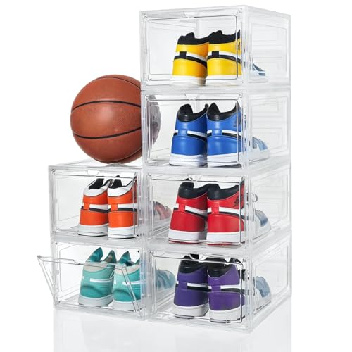 ZLLZUU Shoe Organizer Shoe Storage Boxes, 6 Pack Large Drop Front Shoe Boxes with Magnetic Door, Clear Plastic Stackable Shoe Containers (Clear White) - color: Clear, size: Large-6Pack