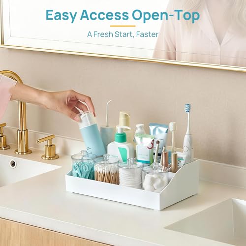 Vtopmart 5 PCS Bathroom Countertop Organizer, 1 Divided Tray with 4 Qtip Holder Jars, Restroom Clear Organizers for Toothbrush, Cotton Pads Balls, Floss, Bathroom Vanity Accessories Storage Set, White - color: White