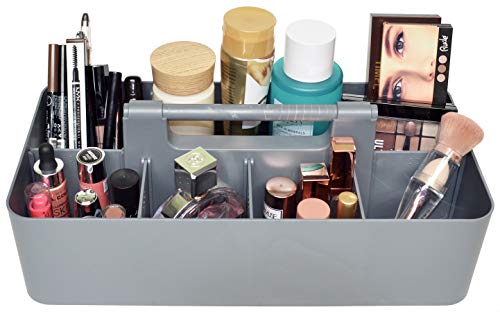New Plastic Portable Makeup Organizer Caddy Tote Divided Basket Bin with Handle, for Bathroom Storage - Holds Blush Makeup Brushes, Made In USA (Orion Gray) - color: Orion Gray