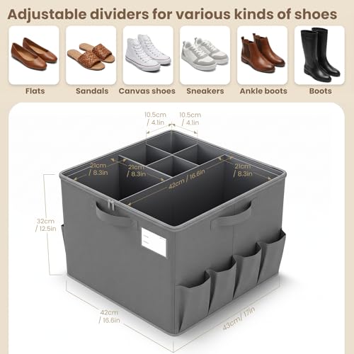Varhomax Foldable Shoe Organizer Box, Fabric Storage Bin with Clear Cover & Adjustable Dividers, Holds up 16-32 Pairs of Sneakers & Sandals for Closet, Entryway (Gray) - color: Gray - 1 Pack